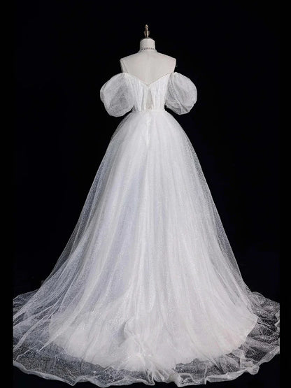 White Tulle Long Prom Dress Off the Shoulder Short Sleeve Formal Evening Dress