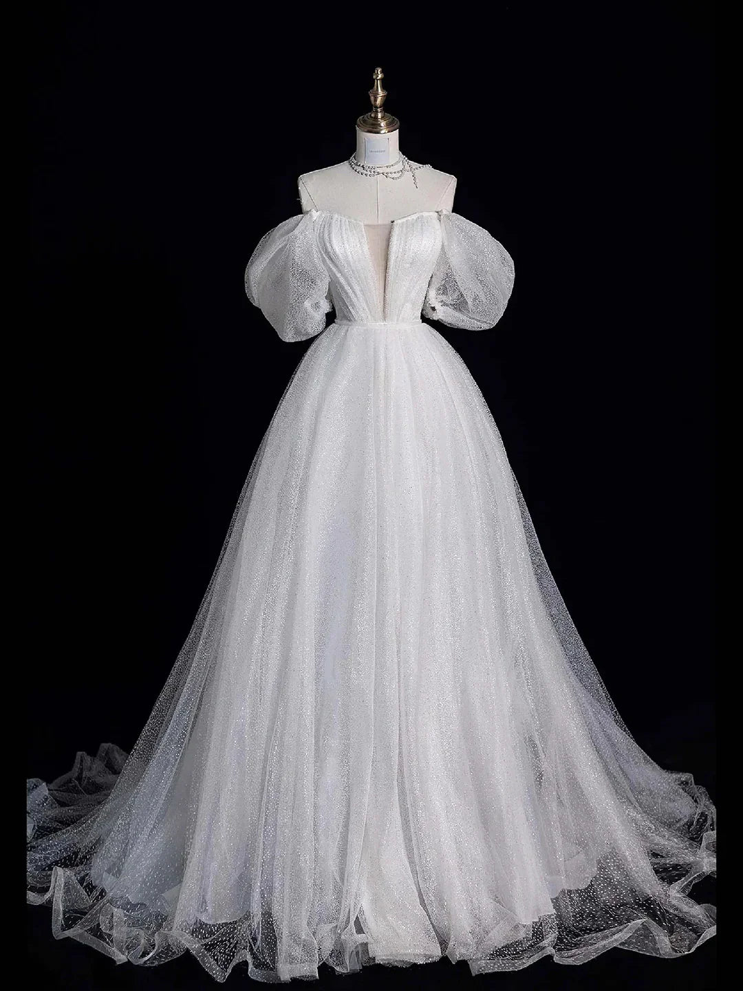 White Tulle Long Prom Dress Off the Shoulder Short Sleeve Formal Evening Dress