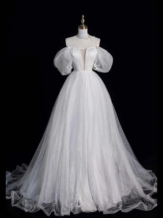 White Tulle Long Prom Dress Off the Shoulder Short Sleeve Formal Evening Dress