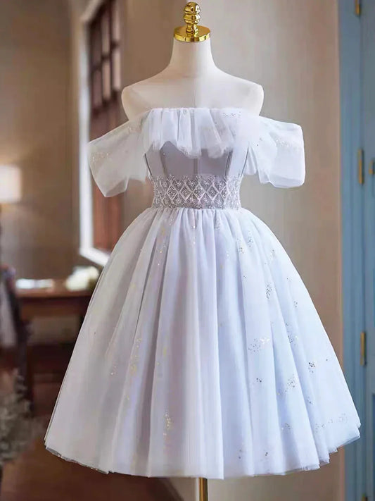 White Tulle Sequins Short Homecoming Dress Lovely Off the Shoulder Evening Party Dress