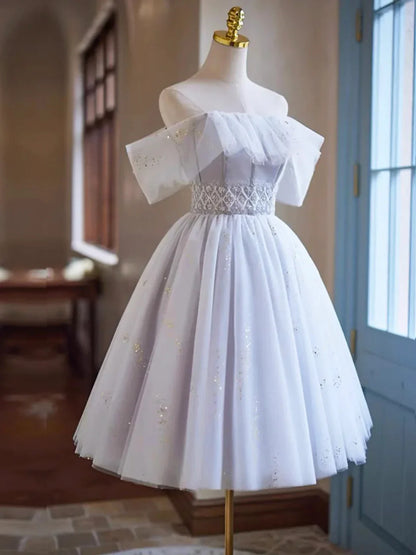 White Tulle Sequins Short Homecoming Dress Lovely Off the Shoulder Evening Party Dress