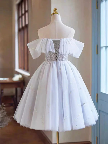 White Tulle Sequins Short Homecoming Dress Lovely Off the Shoulder Evening Party Dress