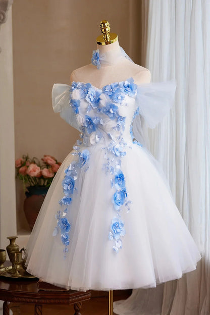 White Tulle and Blue Flowers Short Party Dress Off the Shoulder A-Line Homecoming Dress