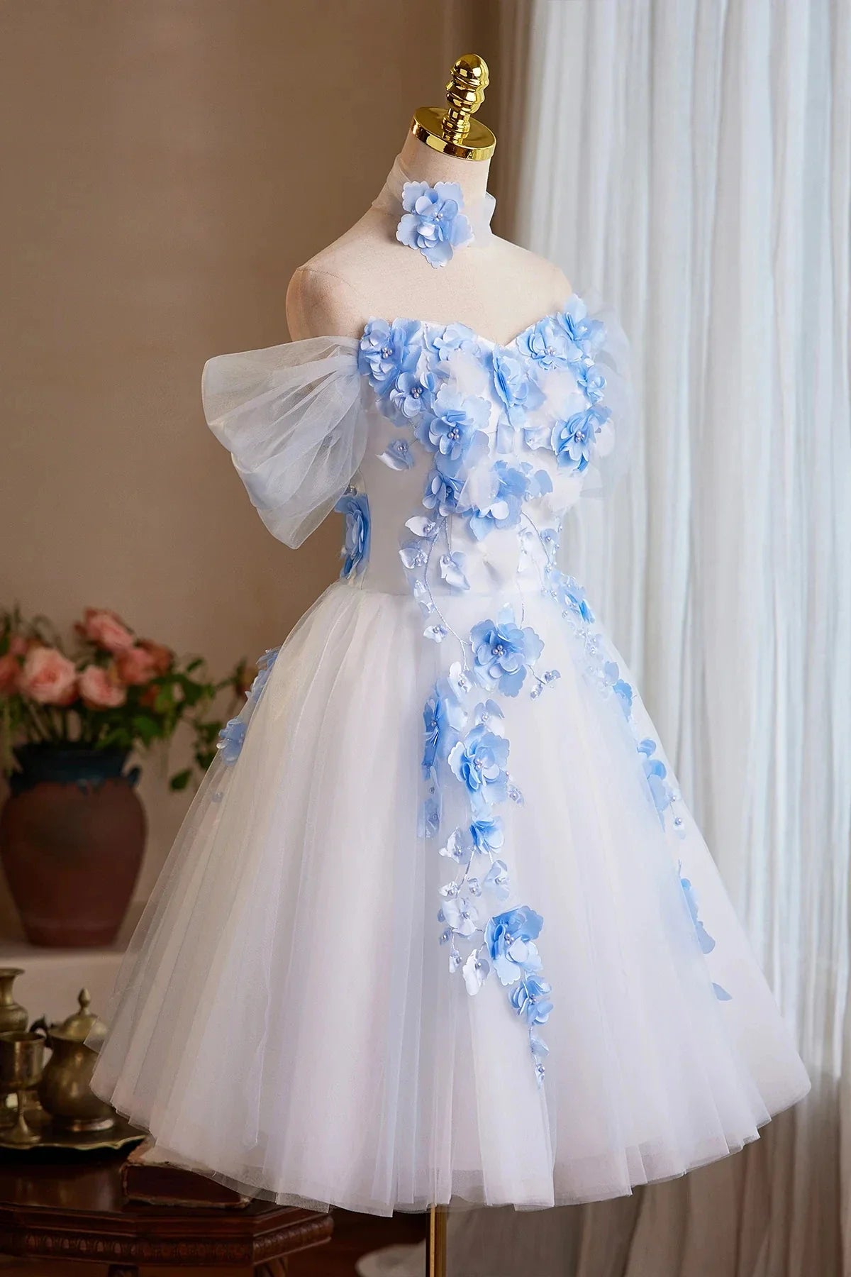 White Tulle and Blue Flowers Short Party Dress Off the Shoulder A-Line Homecoming Dress