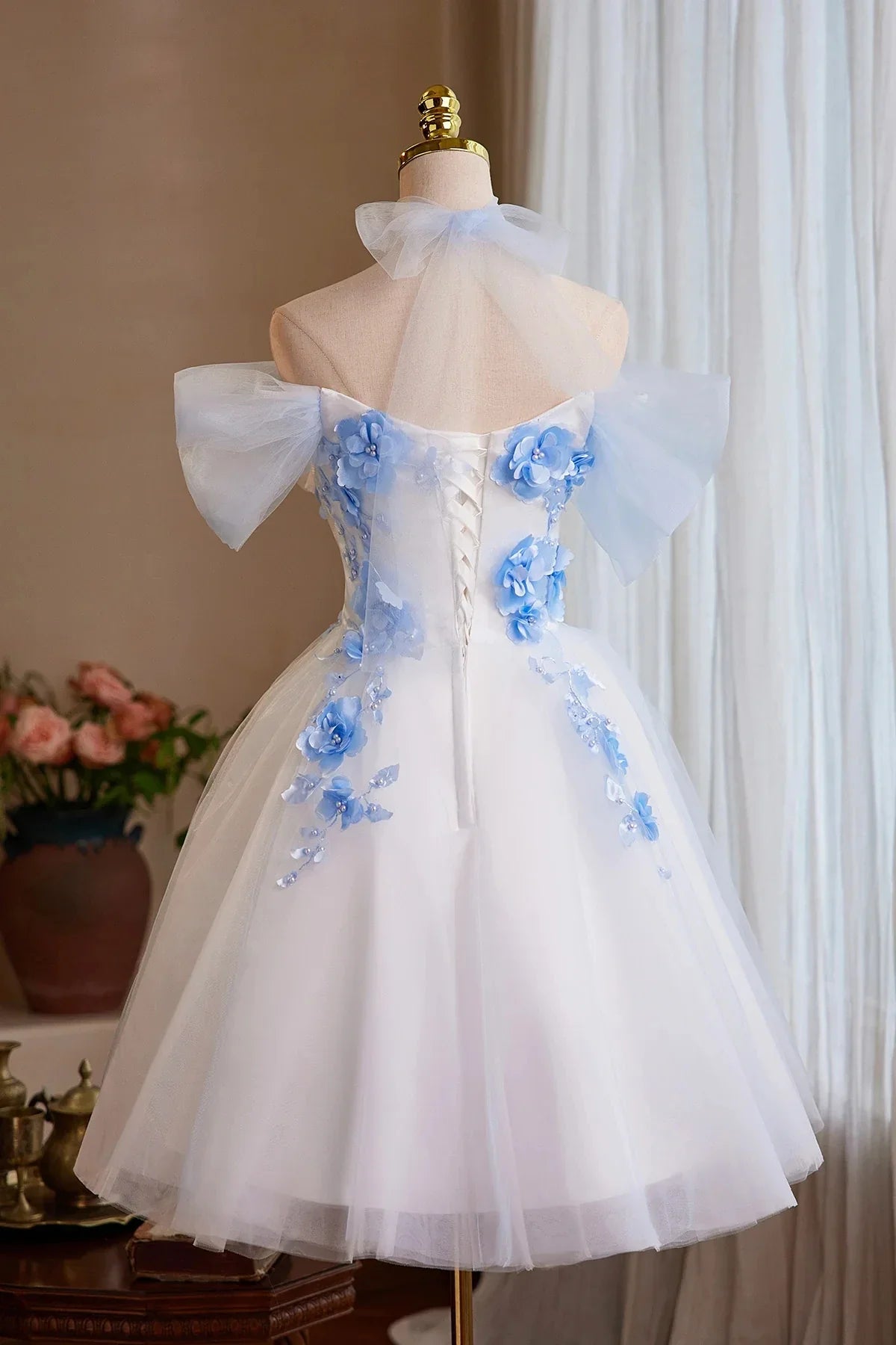 White Tulle and Blue Flowers Short Party Dress Off the Shoulder A-Line Homecoming Dress