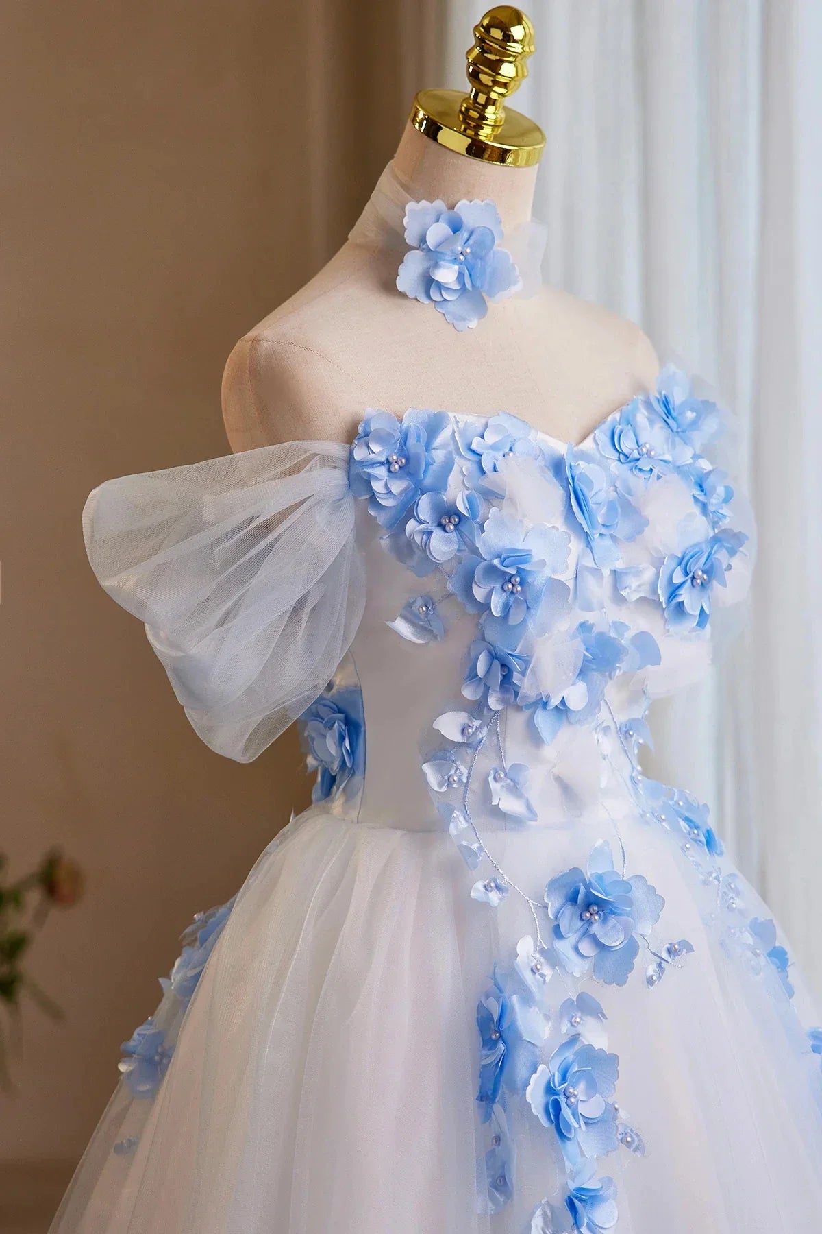 White Tulle and Blue Flowers Short Party Dress Off the Shoulder A-Line Homecoming Dress