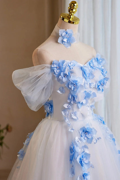White Tulle and Blue Flowers Short Party Dress Off the Shoulder A-Line Homecoming Dress