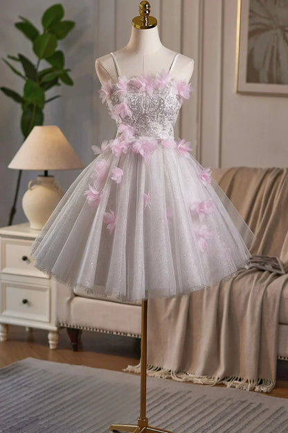 White Tulle and Pink Flowers Knee Length Prom Dress Lovely A-Line Party Dress