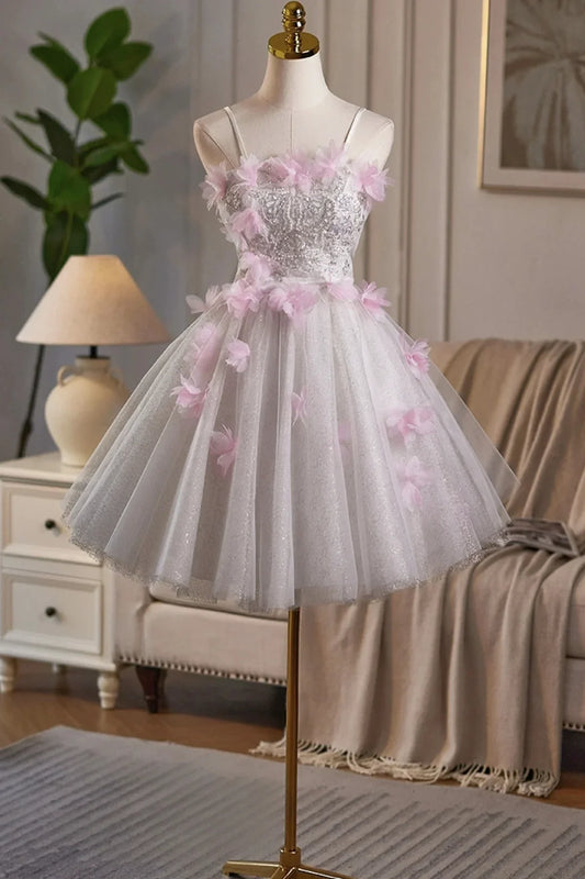 White Tulle and Pink Flowers Knee Length Prom Dress Lovely A-Line Party Dress