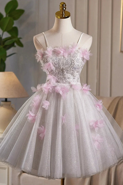White Tulle and Pink Flowers Knee Length Prom Dress Lovely A-Line Party Dress