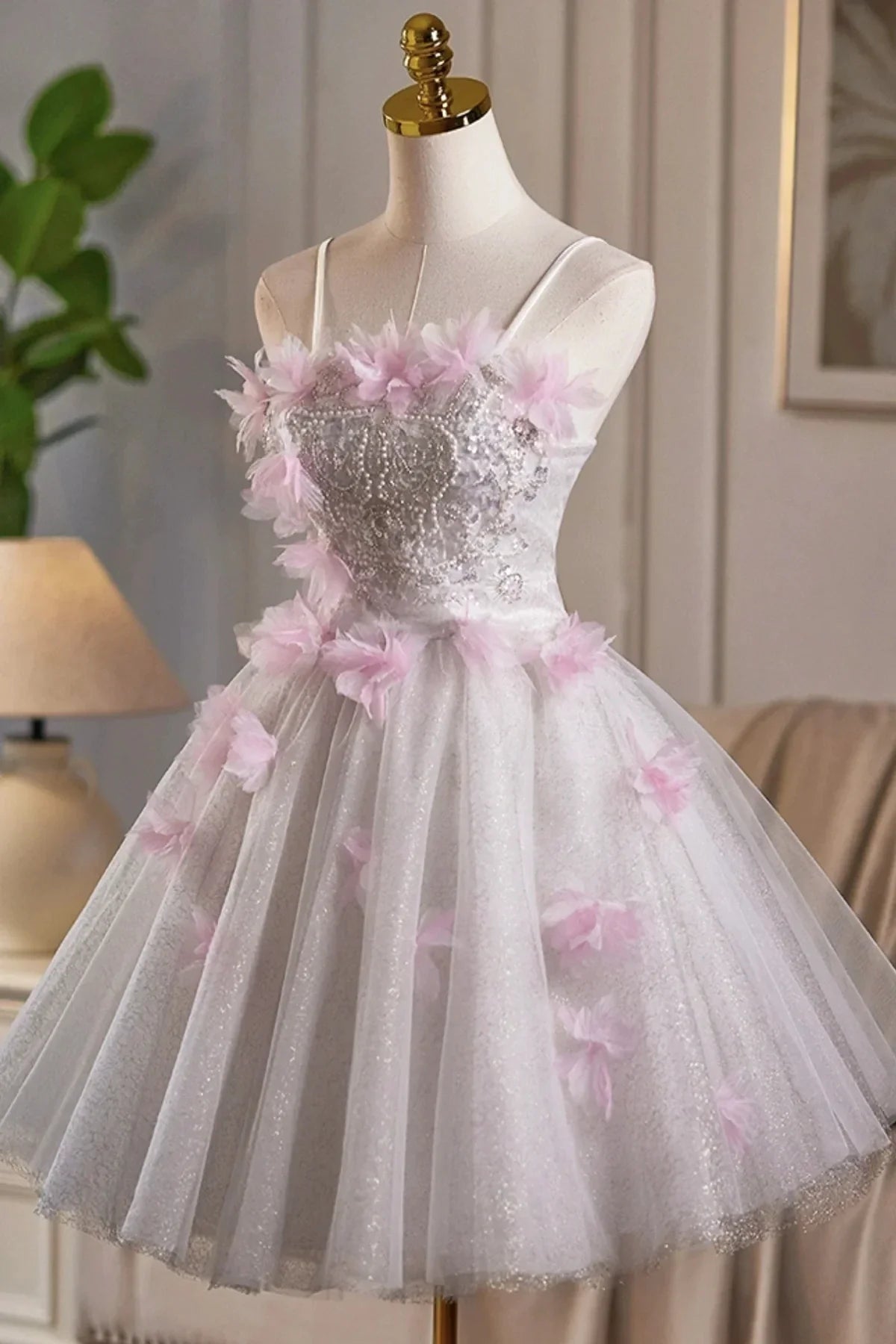 White Tulle and Pink Flowers Knee Length Prom Dress Lovely A-Line Party Dress
