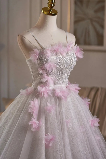 White Tulle and Pink Flowers Knee Length Prom Dress Lovely A-Line Party Dress