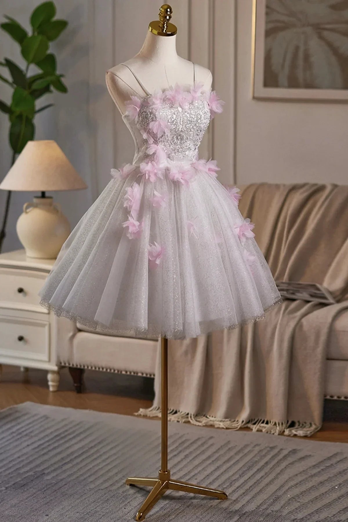 White Tulle and Pink Flowers Knee Length Prom Dress Lovely A-Line Party Dress