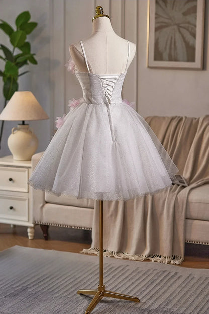White Tulle and Pink Flowers Knee Length Prom Dress Lovely A-Line Party Dress