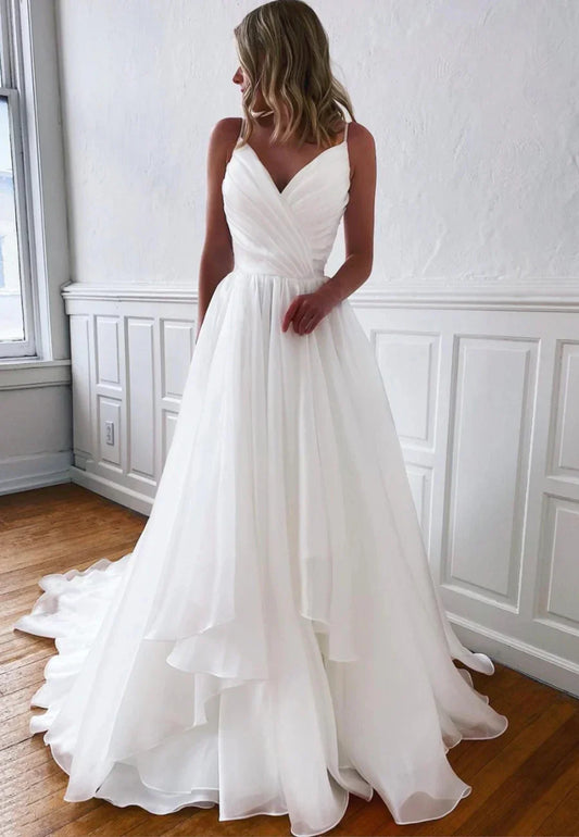 White V-Neck Long Prom Dresses A-Line Evening Dresses