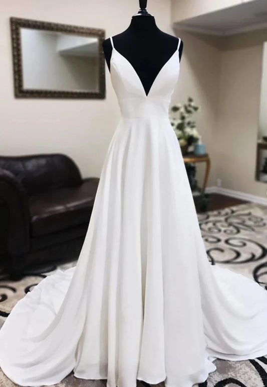 White V-Neck Long Prom Dresses A-Line Lace Evening Dresses