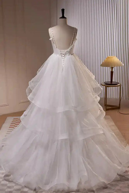 White V Neck Spaghetti Straps Beading A Line Tulle Wedding Gown