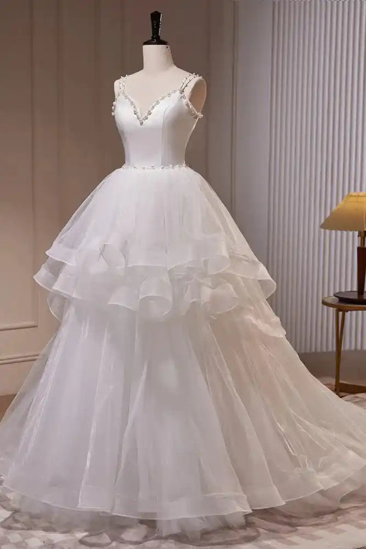 White V Neck Spaghetti Straps Beading A Line Tulle Wedding Gown