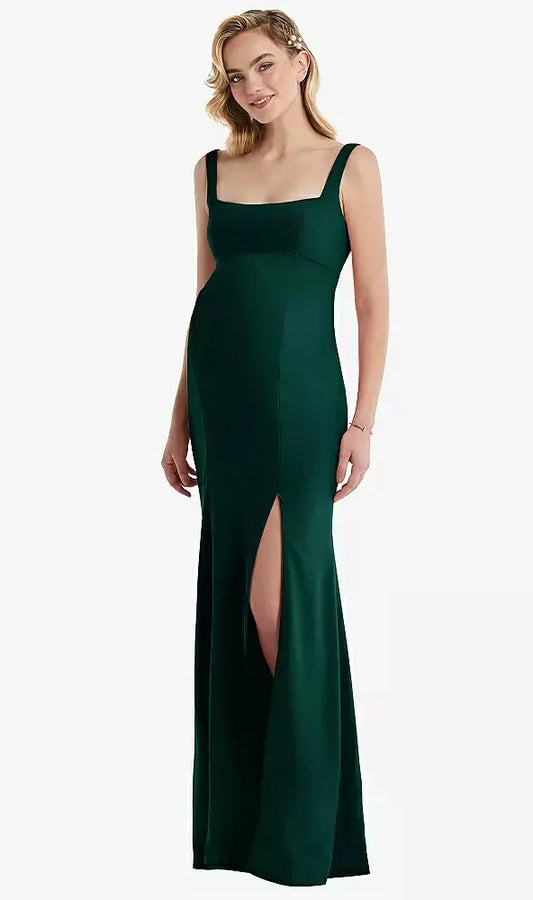 Wide Strap Square Neck Maternity Trumpet Gown in Evergreen
