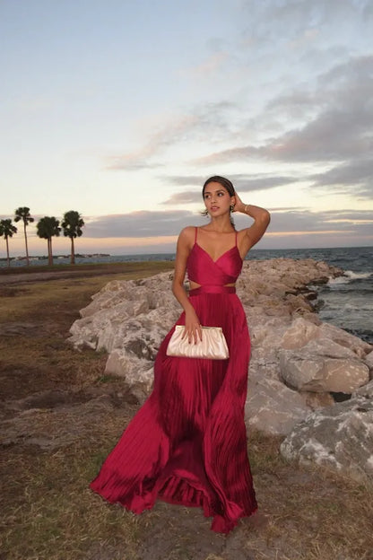 Quyihu Prom Dress In Store Got the Glam Wine Red Pleated Cutout Maxi Dress Formal Women's Dresses