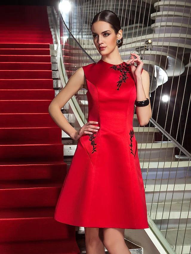 Elegant A-Line satin cocktail dress with jewel neck and beading.