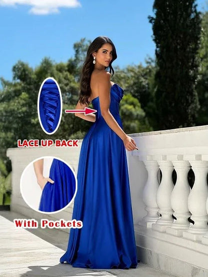 Wonderful A-Line V Neck Sleeveless Crisscross Back Floor-Length Side Slit prom dress for women