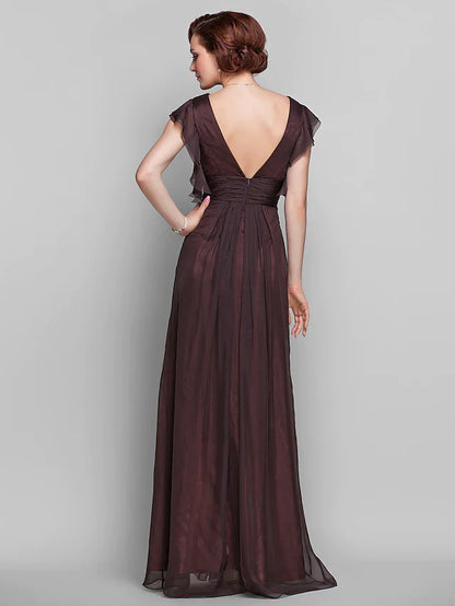 Mother of the Bride Dress Beautiful Back V Neck Floor Length Chiffon Short Sleeve with Criss Cross Ruched Draping