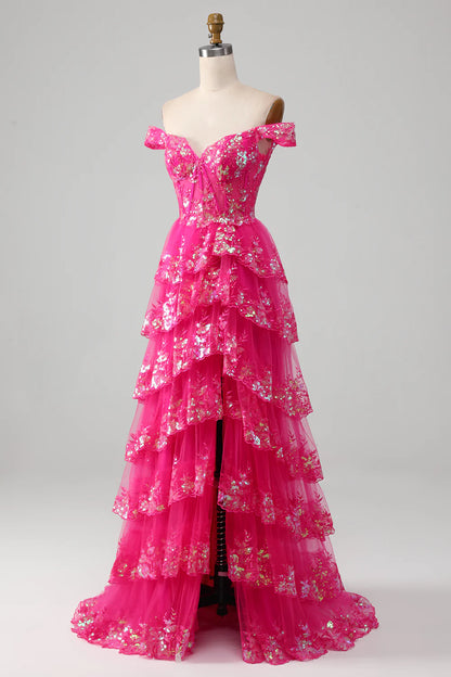 A-Line Off The Shoulder Prom Dress with Sequins Court Train Dresses