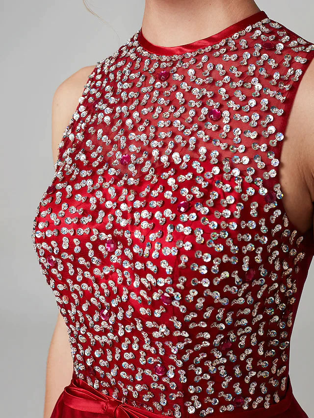 A-Line Sparkle & Shine High Low Keyhole Cocktail Party Prom Dress Jewel Neck Sleeveless Asymmetrical Satin Tulle with Bow(s) Sequin