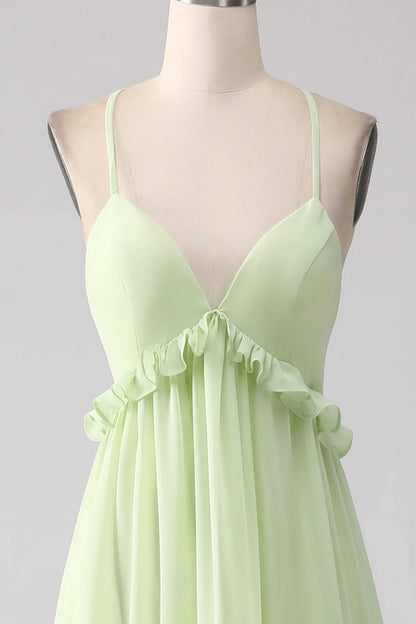 A-Line Green Bridesmaid Dress Pleated Tulle Long Dress