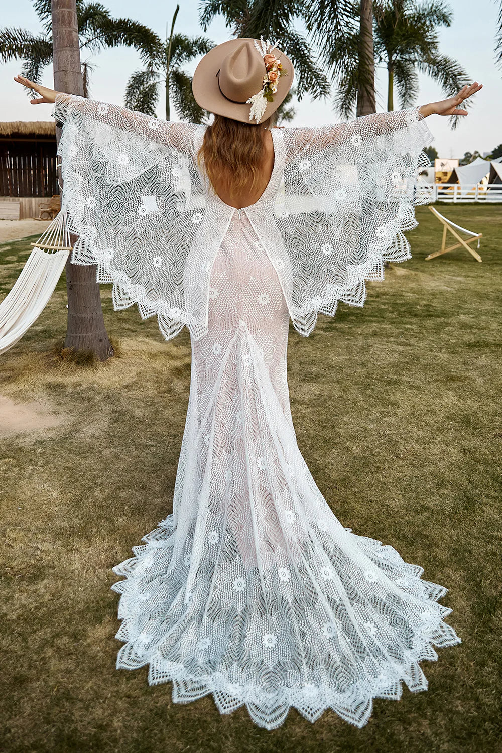 Ivory and Champagne Lace Boho V-Neck Wedding Dress With Cape
