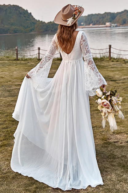 Ivory Lace Chiffon Trumpet Sleeve V-Neck Boho Wedding Dress With Slit
