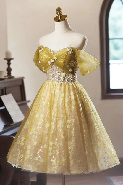 Yellow Floral Tulle Knee Length Prom Dress Lovely A-Line Off the Shoulder Evening Party Dress