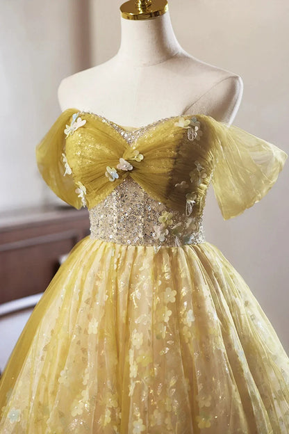 Yellow Floral Tulle Knee Length Prom Dress Lovely A-Line Off the Shoulder Evening Party Dress
