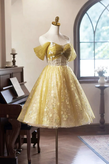 Yellow Floral Tulle Knee Length Prom Dress Lovely A-Line Off the Shoulder Evening Party Dress