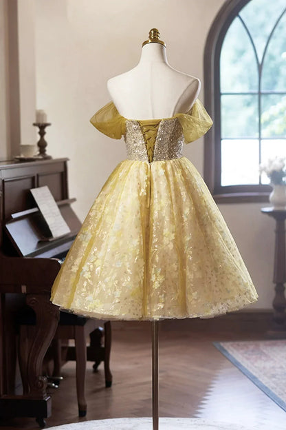 Yellow Floral Tulle Knee Length Prom Dress Lovely A-Line Off the Shoulder Evening Party Dress