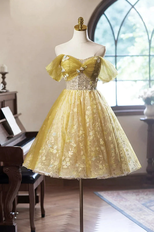 Yellow Floral Tulle Knee Length Prom Dress Lovely A-Line Off the Shoulder Evening Party Dress