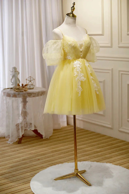 Yellow Lace Short Prom Dress Off the Shoulder Homecoming Dress