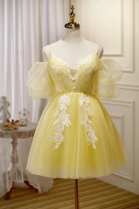 Yellow Lace Short Prom Dress Off the Shoulder Homecoming Dress