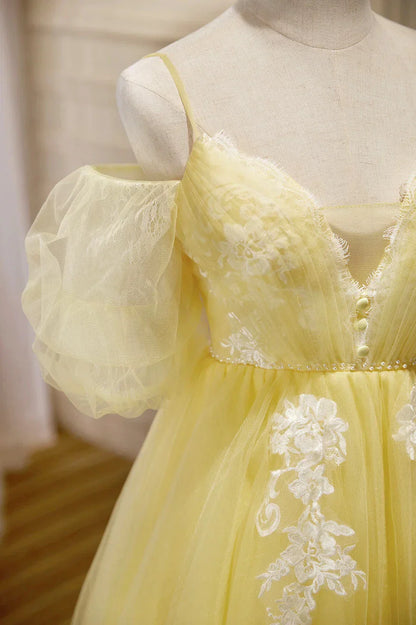 Yellow Lace Short Prom Dress Off the Shoulder Homecoming Dress