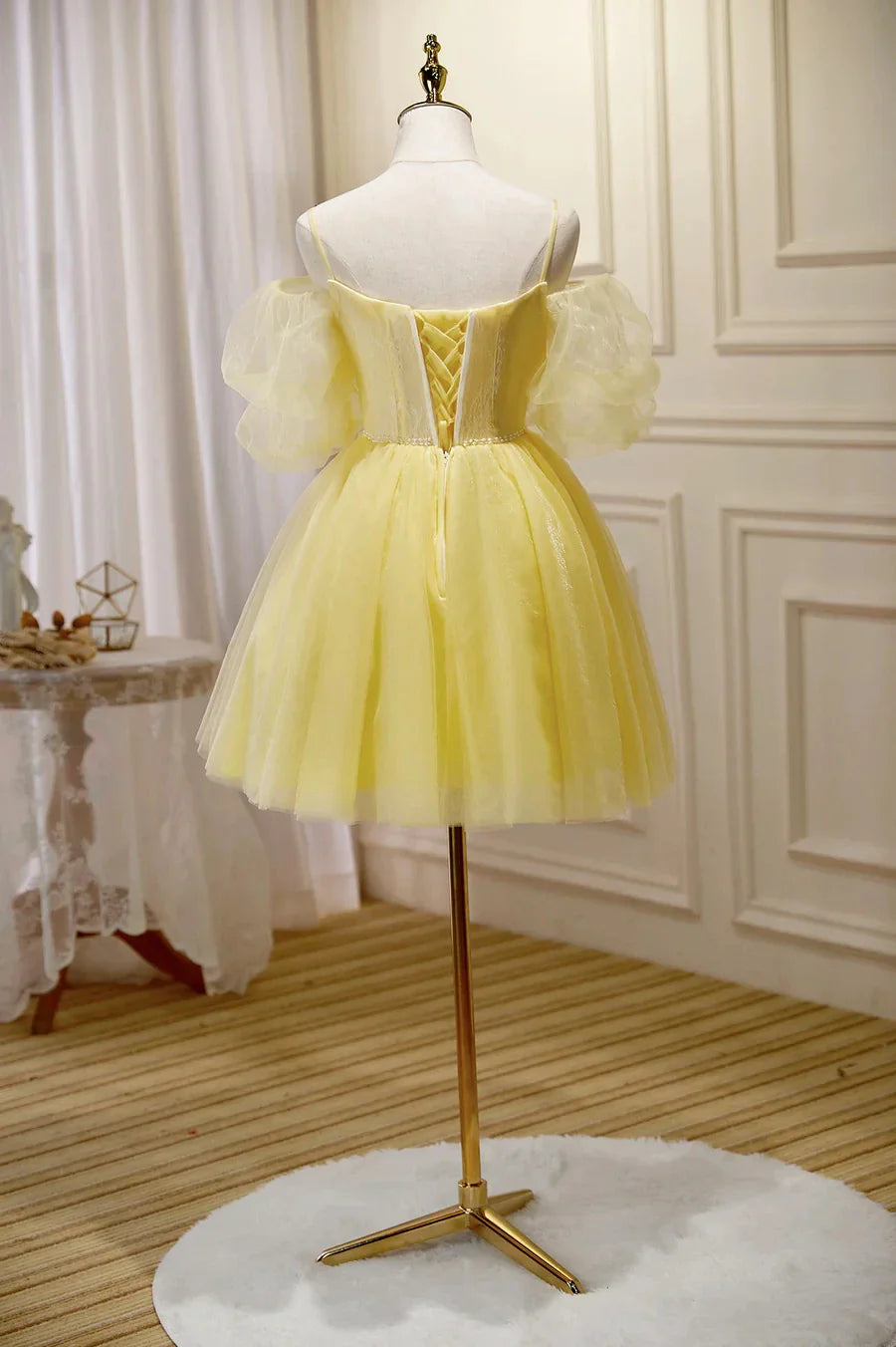 Yellow Lace Short Prom Dress Off the Shoulder Homecoming Dress