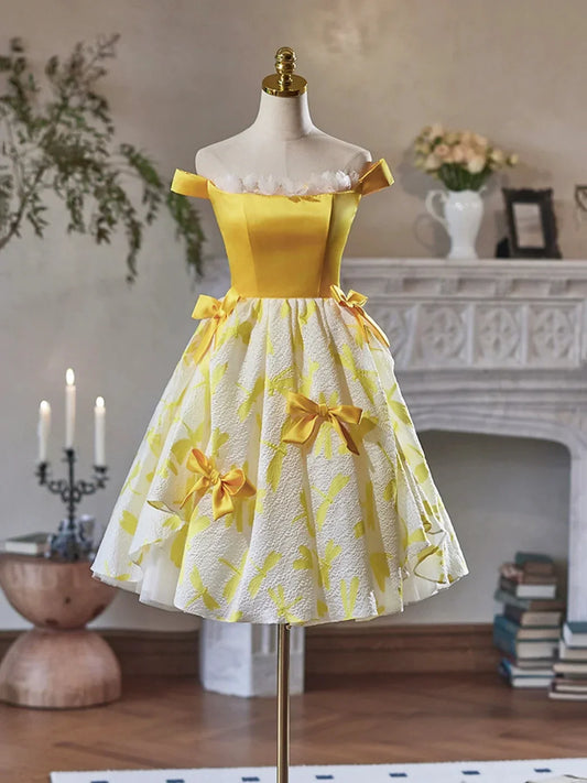 Yellow Satin Knee Length Party Dress Cute Off the Shoulder Evening Dress