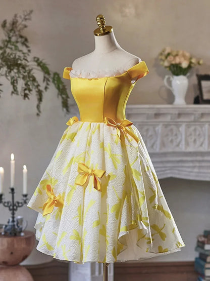 Yellow Satin Knee Length Party Dress Cute Off the Shoulder Evening Dress