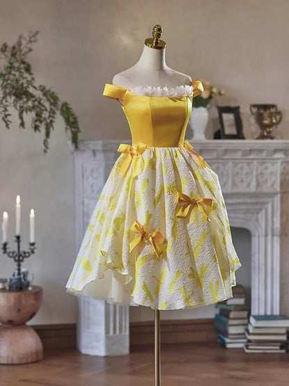 Yellow Satin Knee Length Party Dress Cute Off the Shoulder Evening Dress