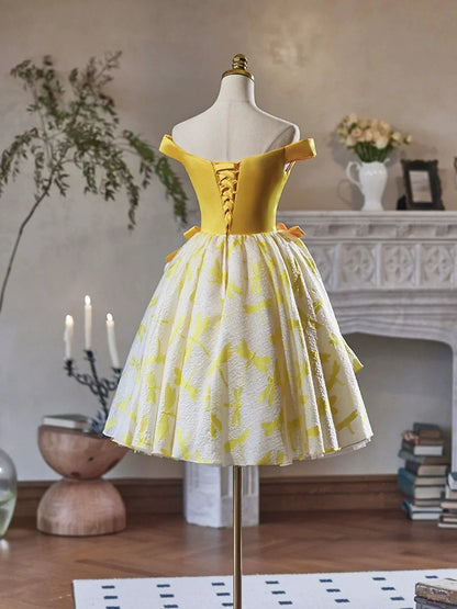 Yellow Satin Knee Length Party Dress Cute Off the Shoulder Evening Dress