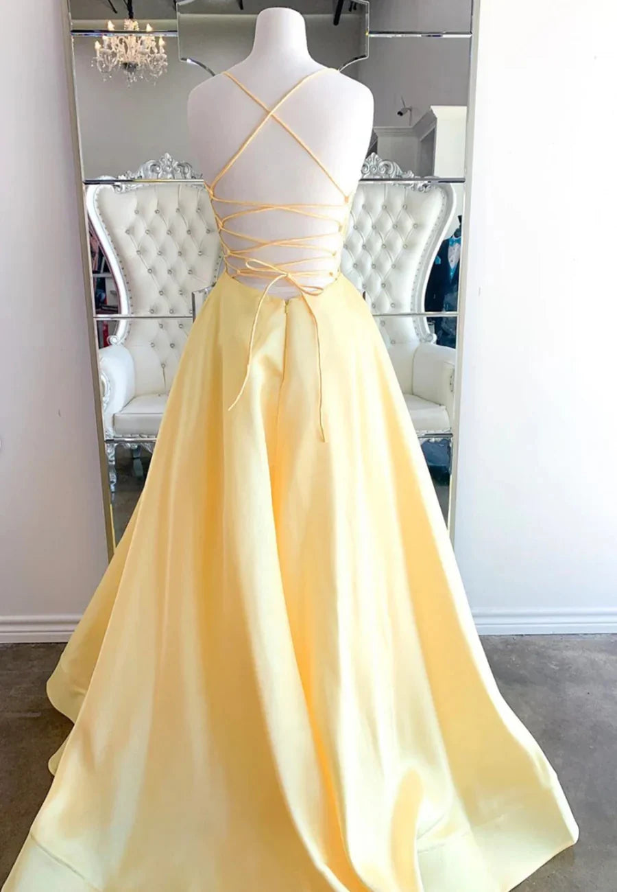 Yellow Satin Long Prom Dresses A-Line Backless Evening Dresses