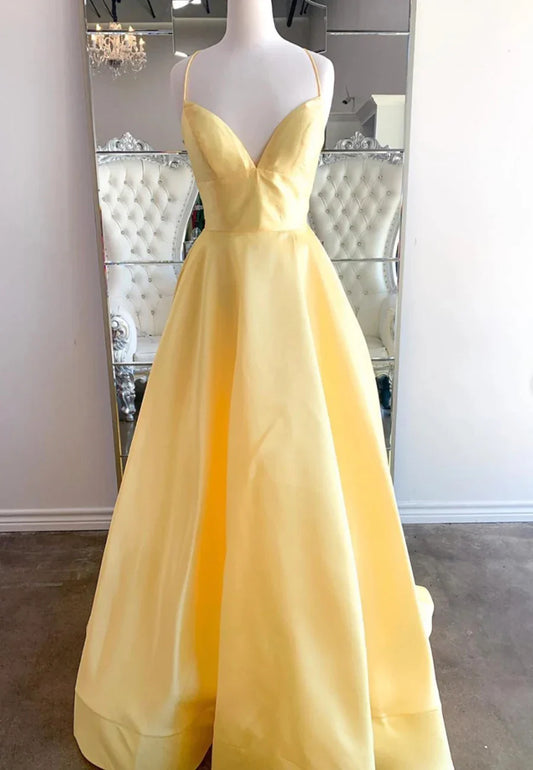 Yellow Satin Long Prom Dresses A-Line Backless Evening Dresses
