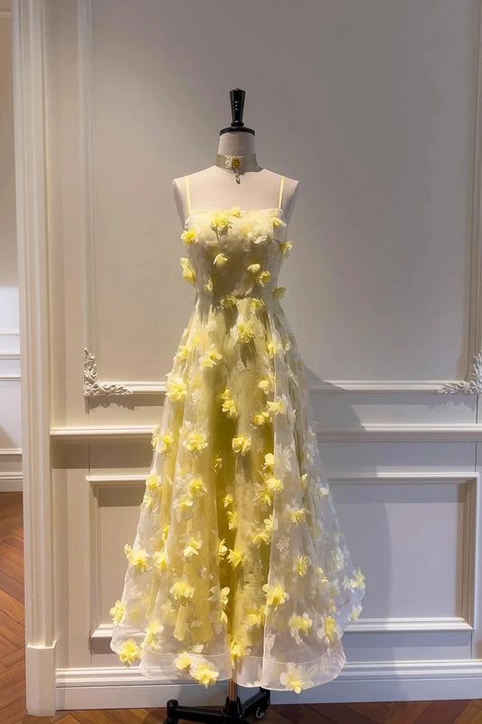 Yellow Tulle Flowers Tea Length Prom Dress Lovely A-Line Party Dress