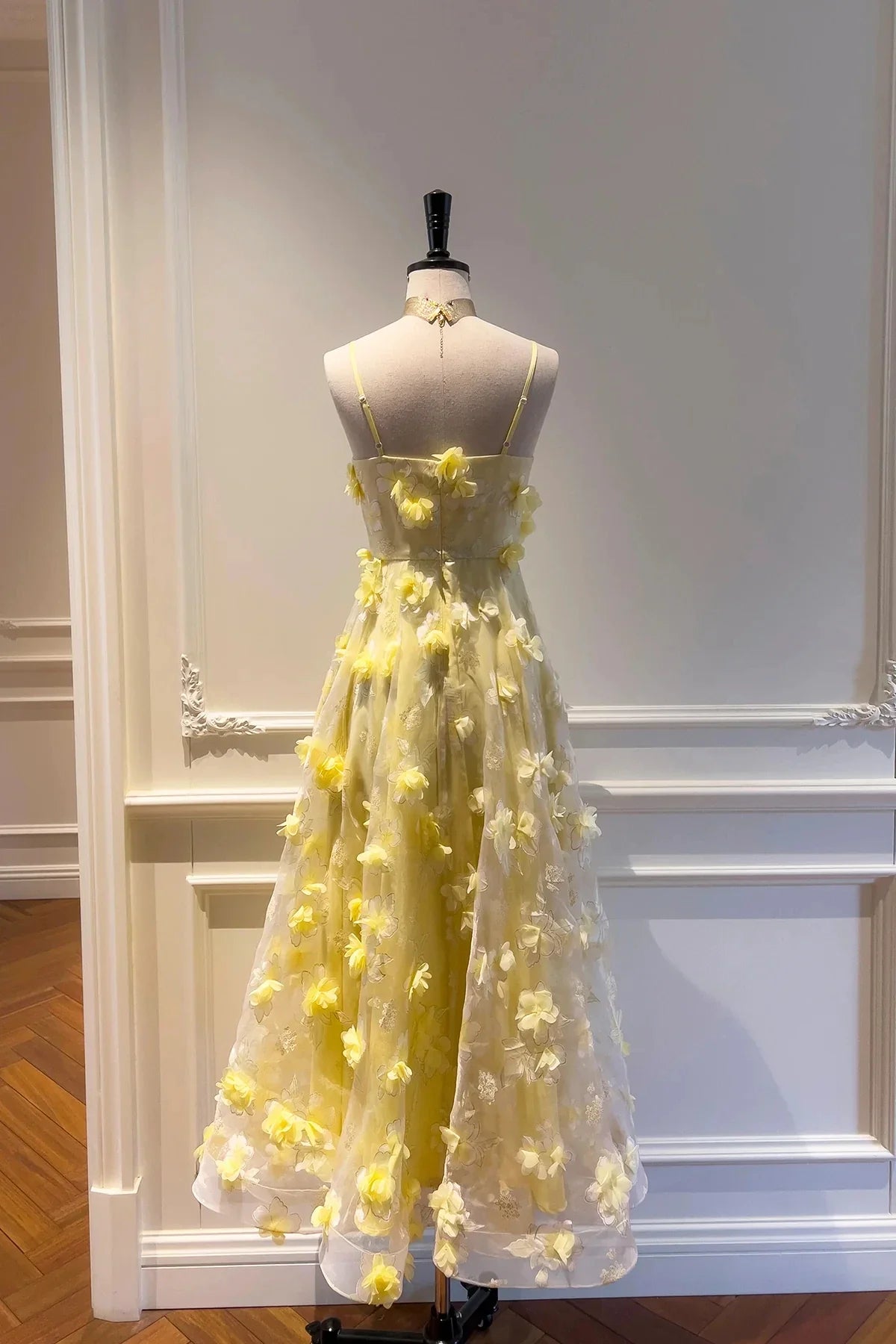 Yellow Tulle Flowers Tea Length Prom Dress Lovely A-Line Party Dress