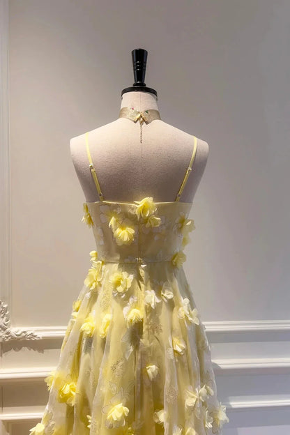 Yellow Tulle Flowers Tea Length Prom Dress Lovely A-Line Party Dress